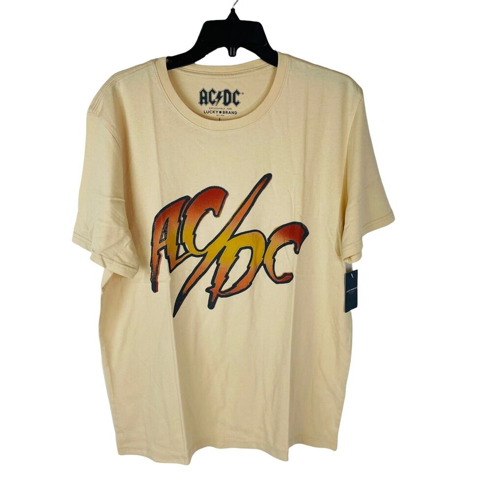 New Lucky Brand Mens Sz Large Shirt AC/DC Logo Rock Band T-Shirt Tan Stretch NWT